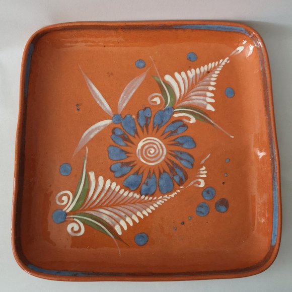 El Palomar Mexico Other - Beautiful El Palomar Mexico Pottery Hand-painted Square Dish, Orange Blue White